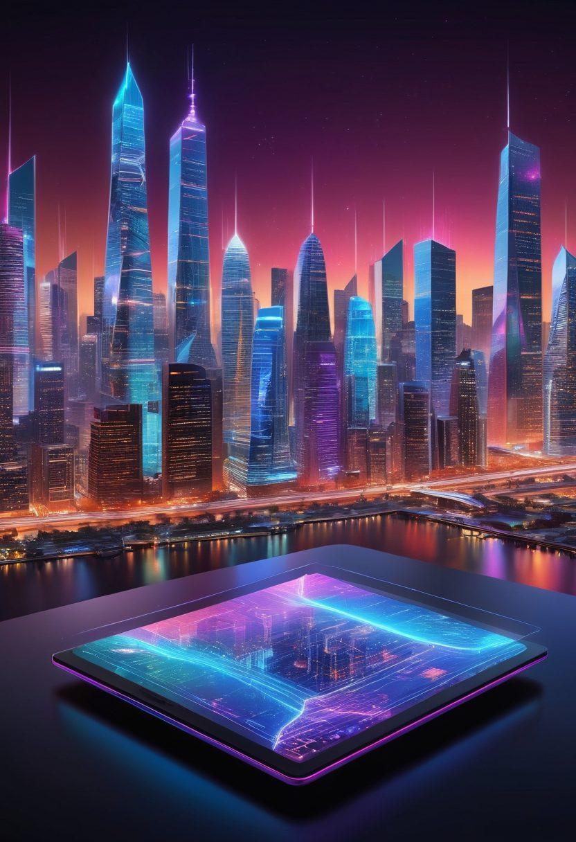 A futuristic digital landscape showcasing neon quantum circuits weaving through pages of e-books and magazines, symbolizing the fusion of quantum technology and digital publishing. Incorporate holographic displays with glowing data streams and a vibrant city skyline in the background. The atmosphere should reflect innovation and advancement. super-realistic. vibrant colors. 3D.