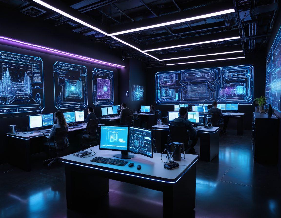 A futuristic blogging space featuring a diverse group of writers using quantum computers, surrounded by holographic displays of digital content. The scene should include elements of quantum technology, like quantum circuits and particles, blending with traditional blogging tools. The environment is bright and inspiring, showcasing a digital landscape filled with innovative ideas and creativity. super-realistic. vibrant colors. cyberpunk.